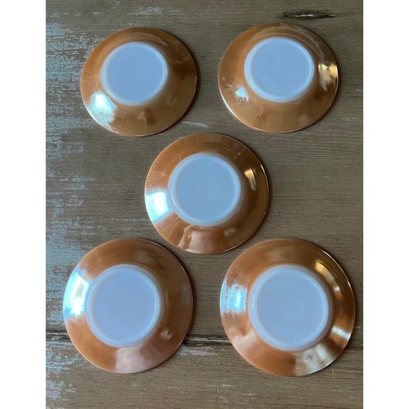 1950s Fire King Peach Luster Three Bands Kitchenware Set 6 Coffee Cups & Saucers - Picture 5 of 9